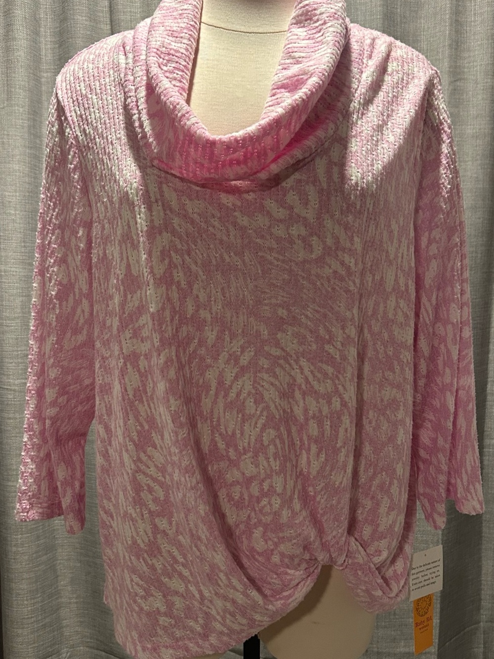 Ruby Rd. Pink and Cream Cowl Neck Twist Hem Sweater